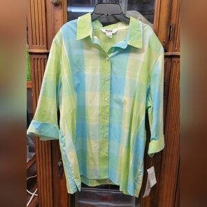 ALIA Sport Green Yellow Blue Checkered Button Up 3/4 Sleeve Shirt 18W